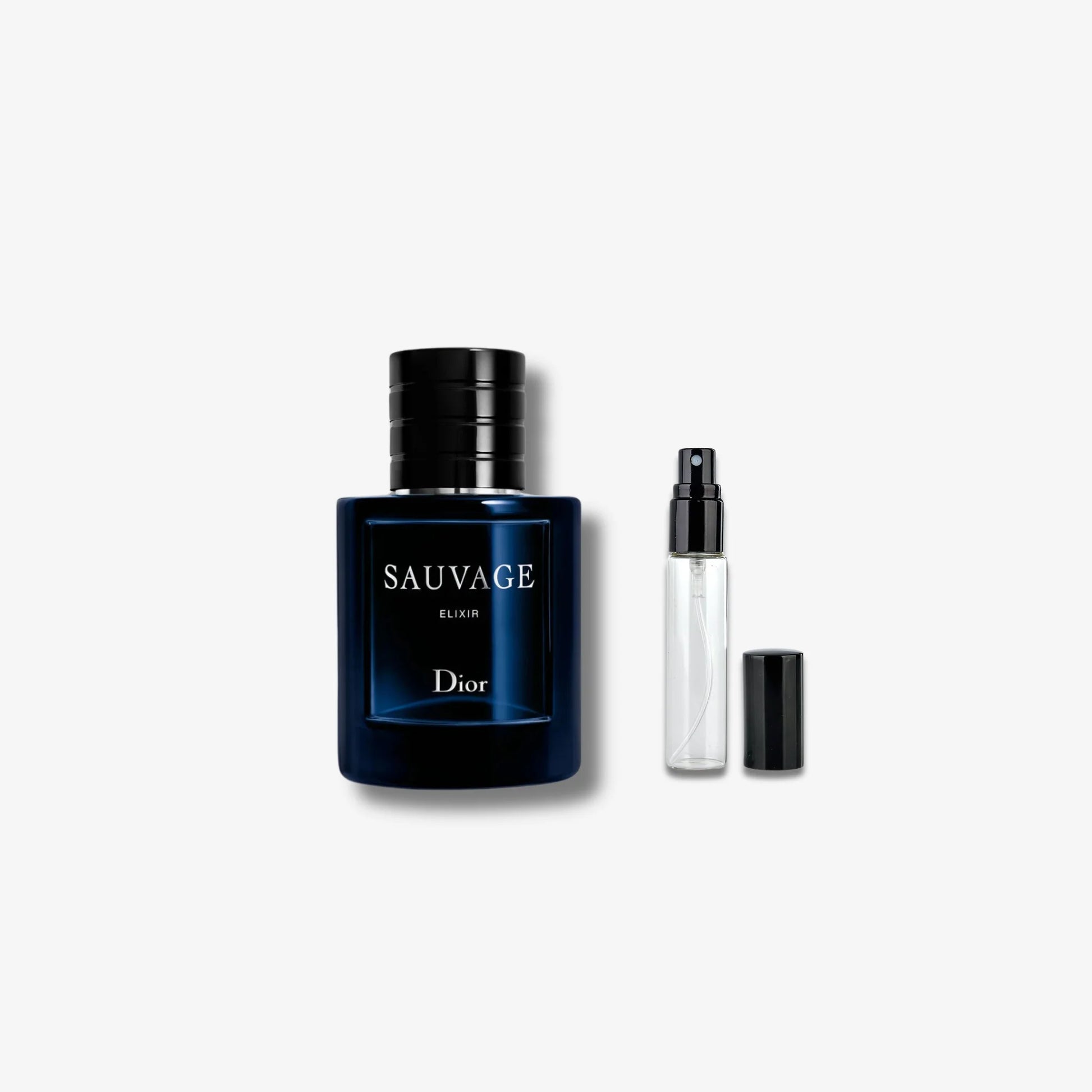 Dior Sauvage Elixir perfume bottle with a smaller sample bottle on a white background