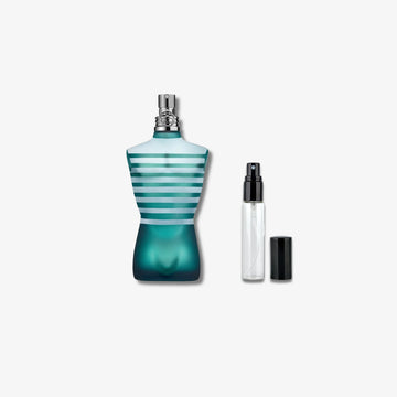 Jean Paul Gaultier Le Male EDT Decants Perfume bottle with striped design and two smaller bottles on a white background
