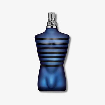 jean paul gaultier ultra male perfume bottle bleu color on grey background
