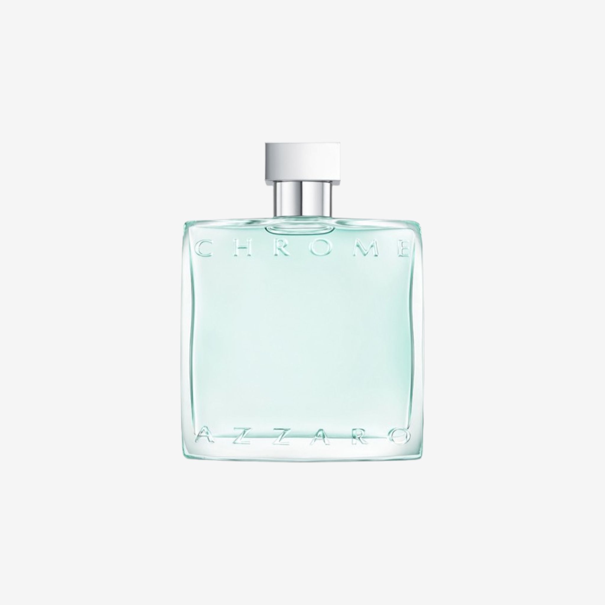 Azzaro Chrome Azure Perfume bottle labeled 'Chrome' on a light gray background