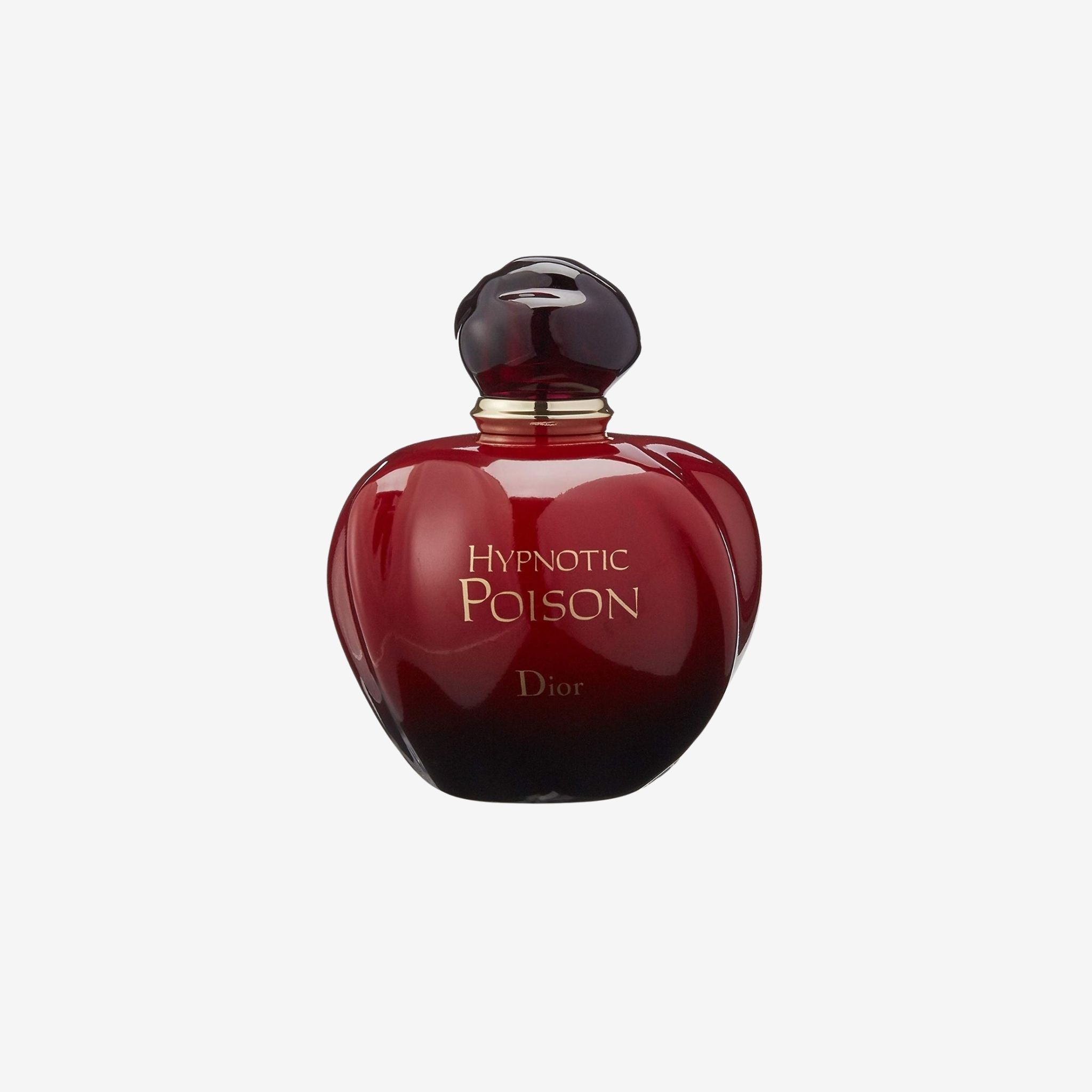 Dior Hypnotic Poison EDT perfume bottle on a light grey background showcasing its iconic deep red curved design and luxurious cap.