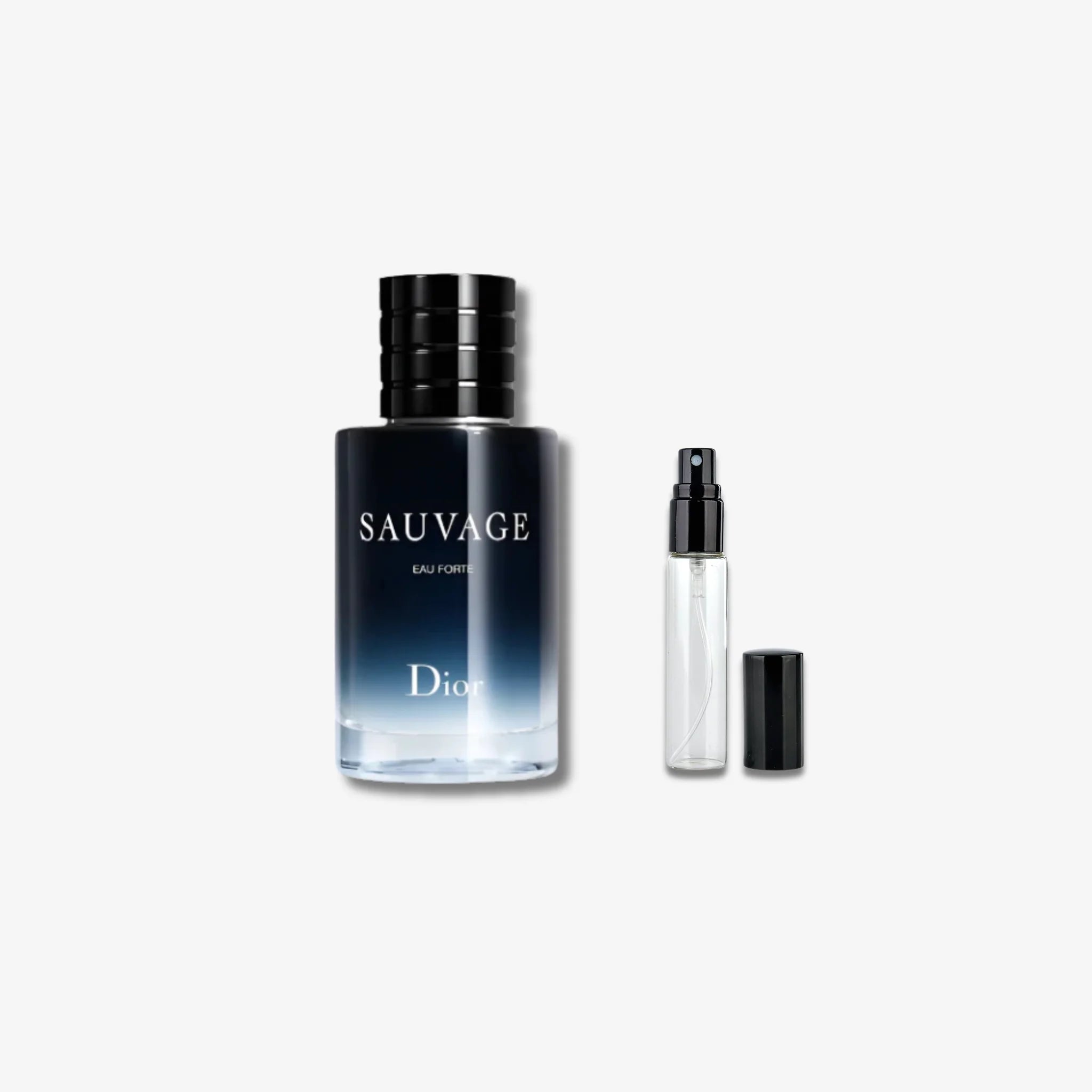Dior Sauvage perfume bottle and sample on a white background
