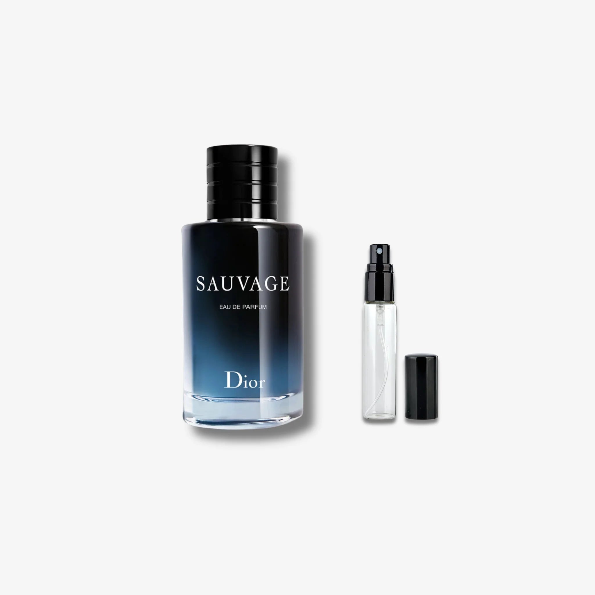 Dior Sauvage perfume bottle and sample on a white background