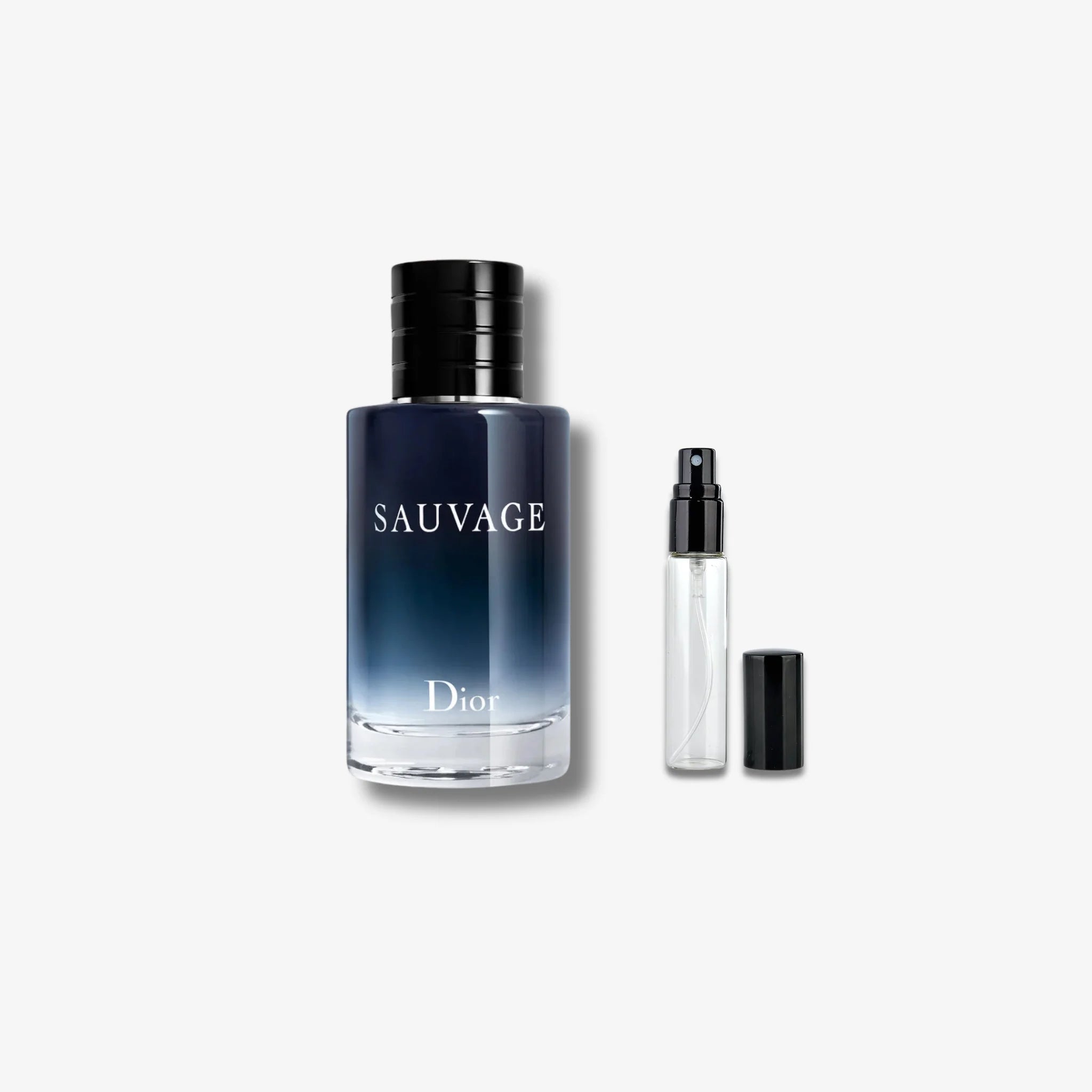 Dior Sauvage perfume bottle and travel-sized version on a white background