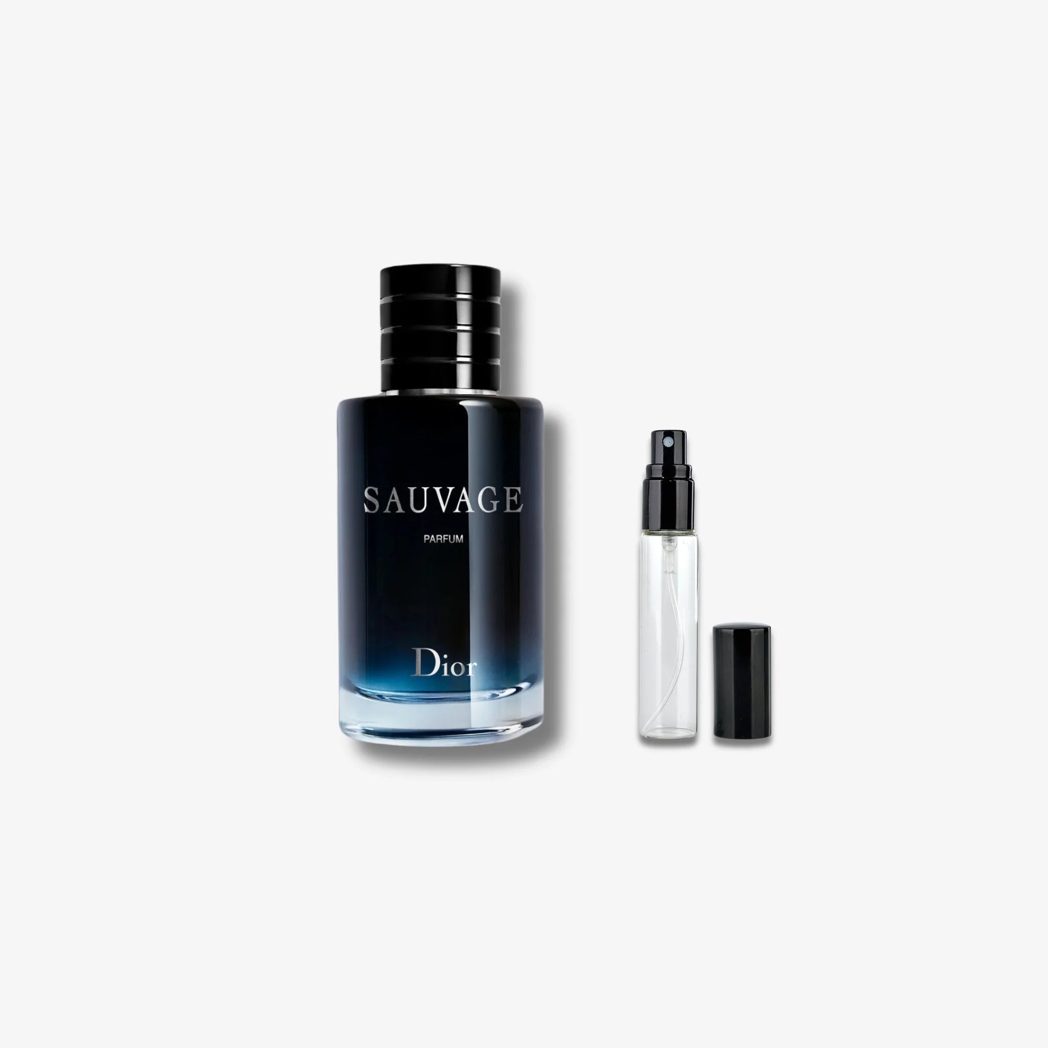 Dior Sauvage perfume bottle and smaller sample on a white background