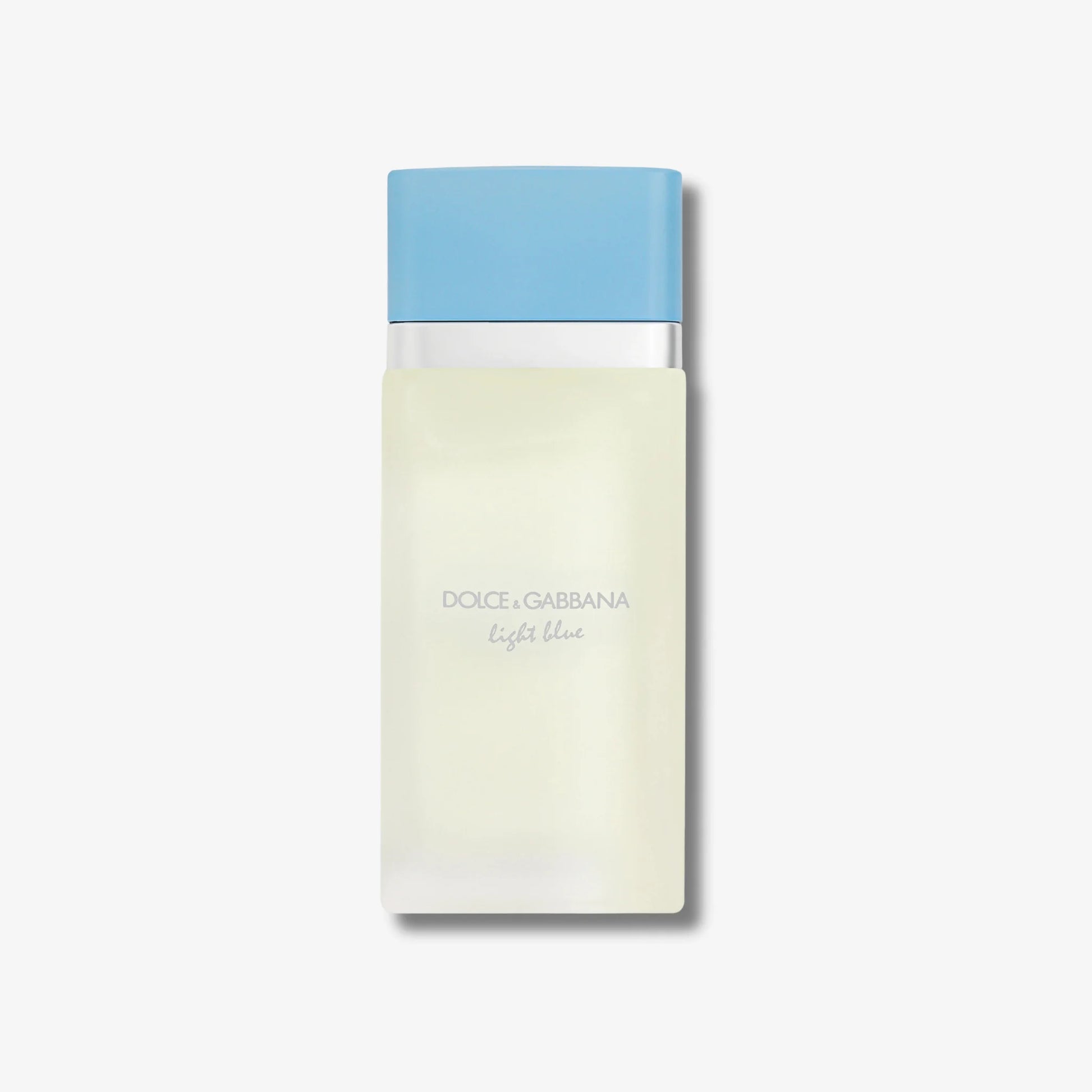 Dolce & Gabbana perfume bottle with light blue cap on a white background