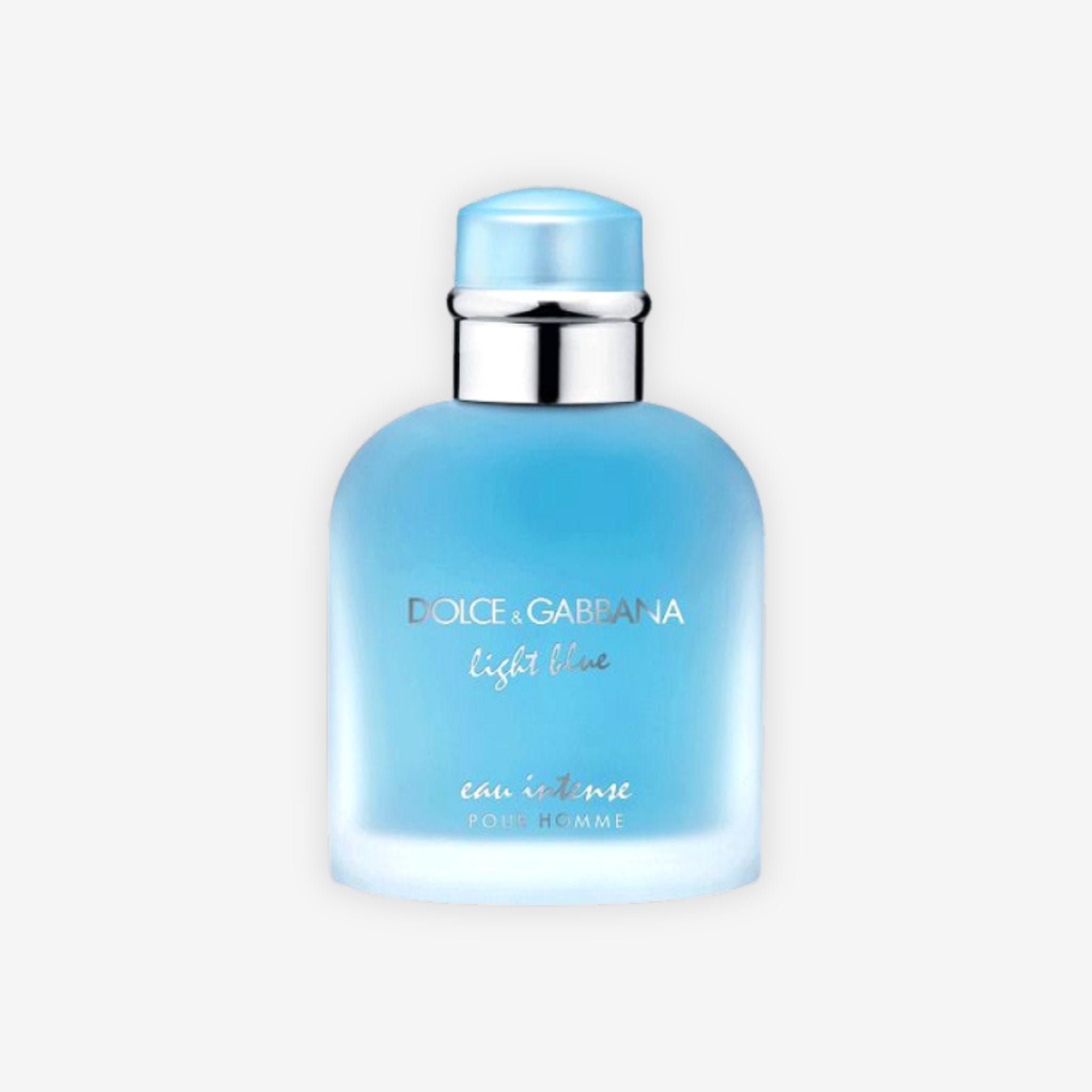 Front view of Dolce & Gabbana Light Blue Intense perfume bottle showing sleek blue design and elegant packaging.