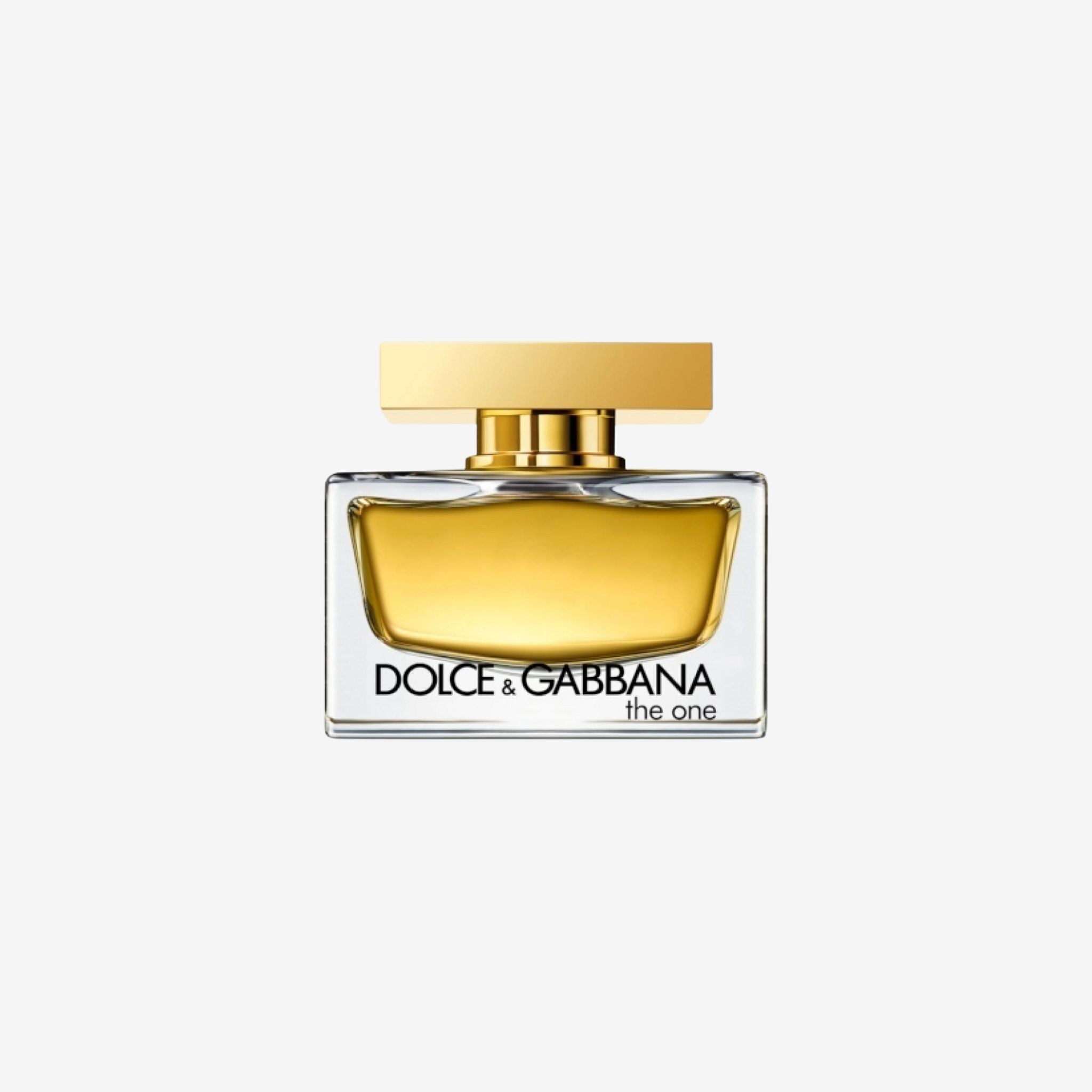 Front view of Dolce & Gabbana The One for Women perfume bottle showing elegant golden design.