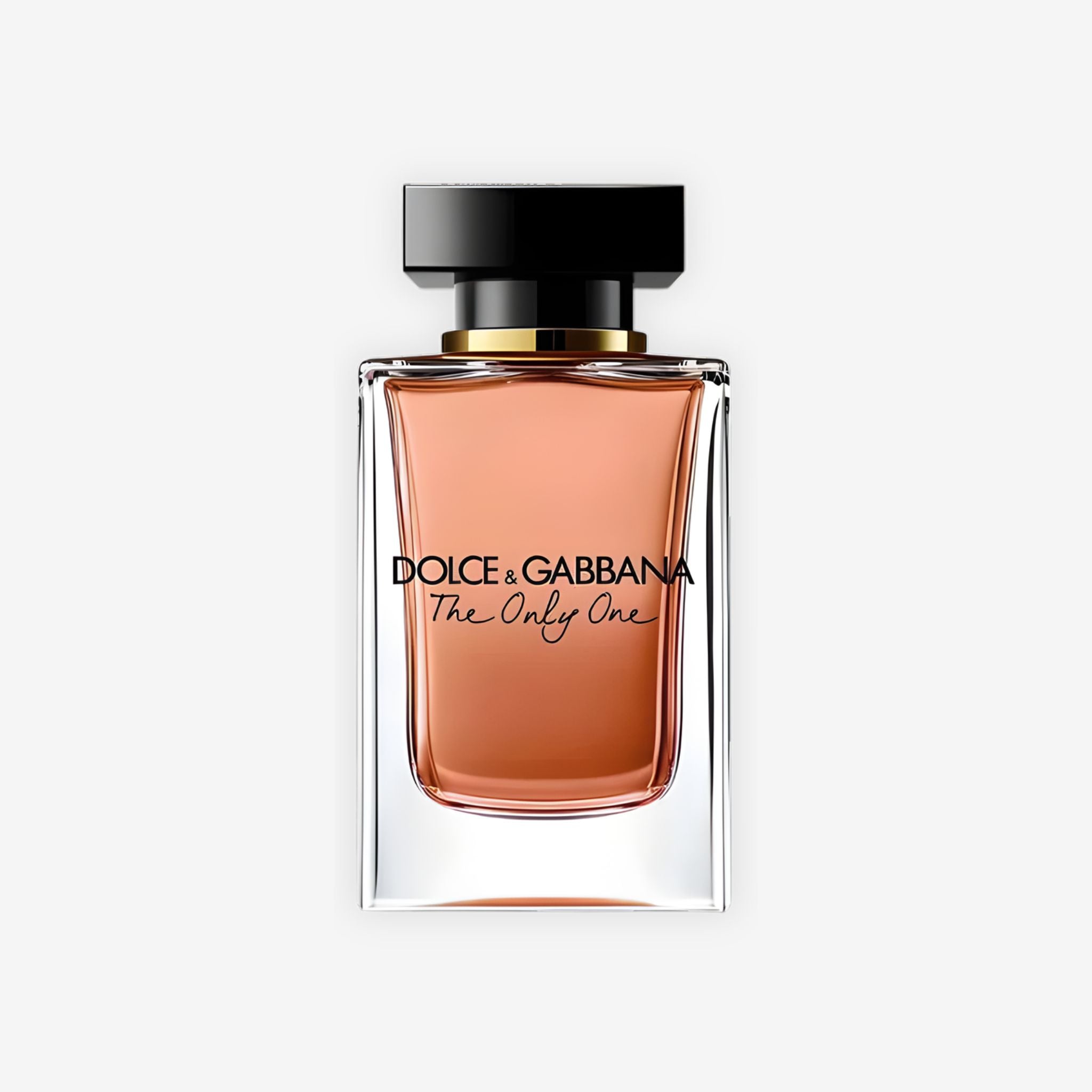 Front view of Dolce & Gabbana The One Only perfume bottle featuring elegant gold cap and clear glass design.
