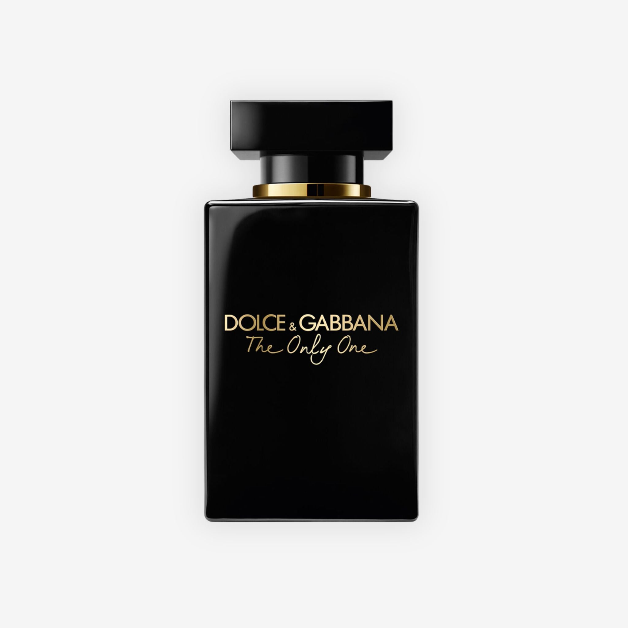 Front view of Dolce & Gabbana The Only One Eau de Parfum Intense for Women showing elegant black bottle and gold cap.