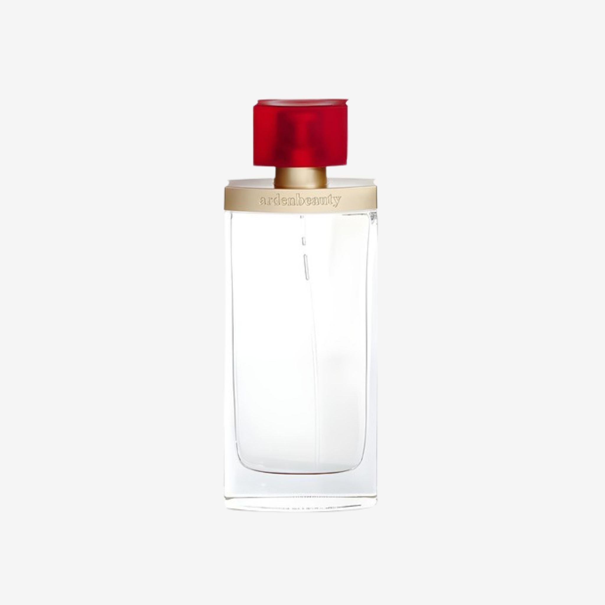 Perfume bottle with a red cap on a white background