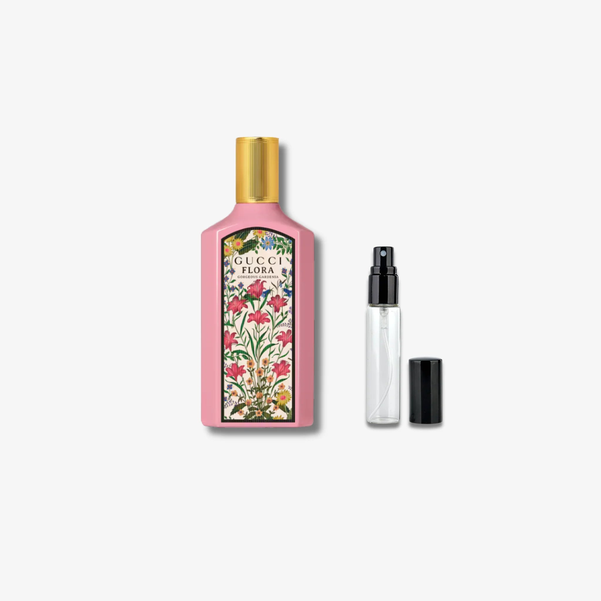 Gucci Flora perfume bottle with floral design on a white background