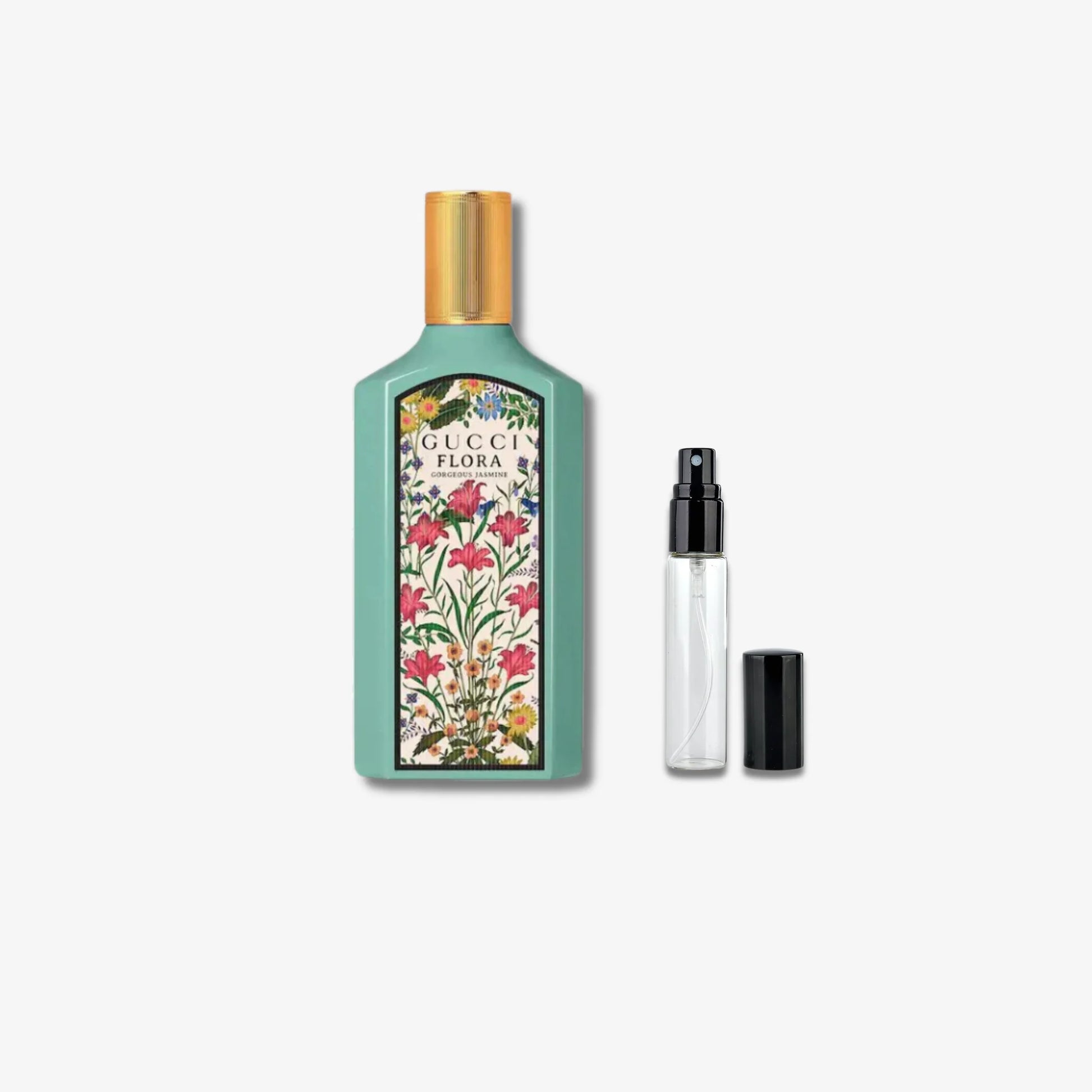 Gucci Flora perfume bottle with floral design on a white background