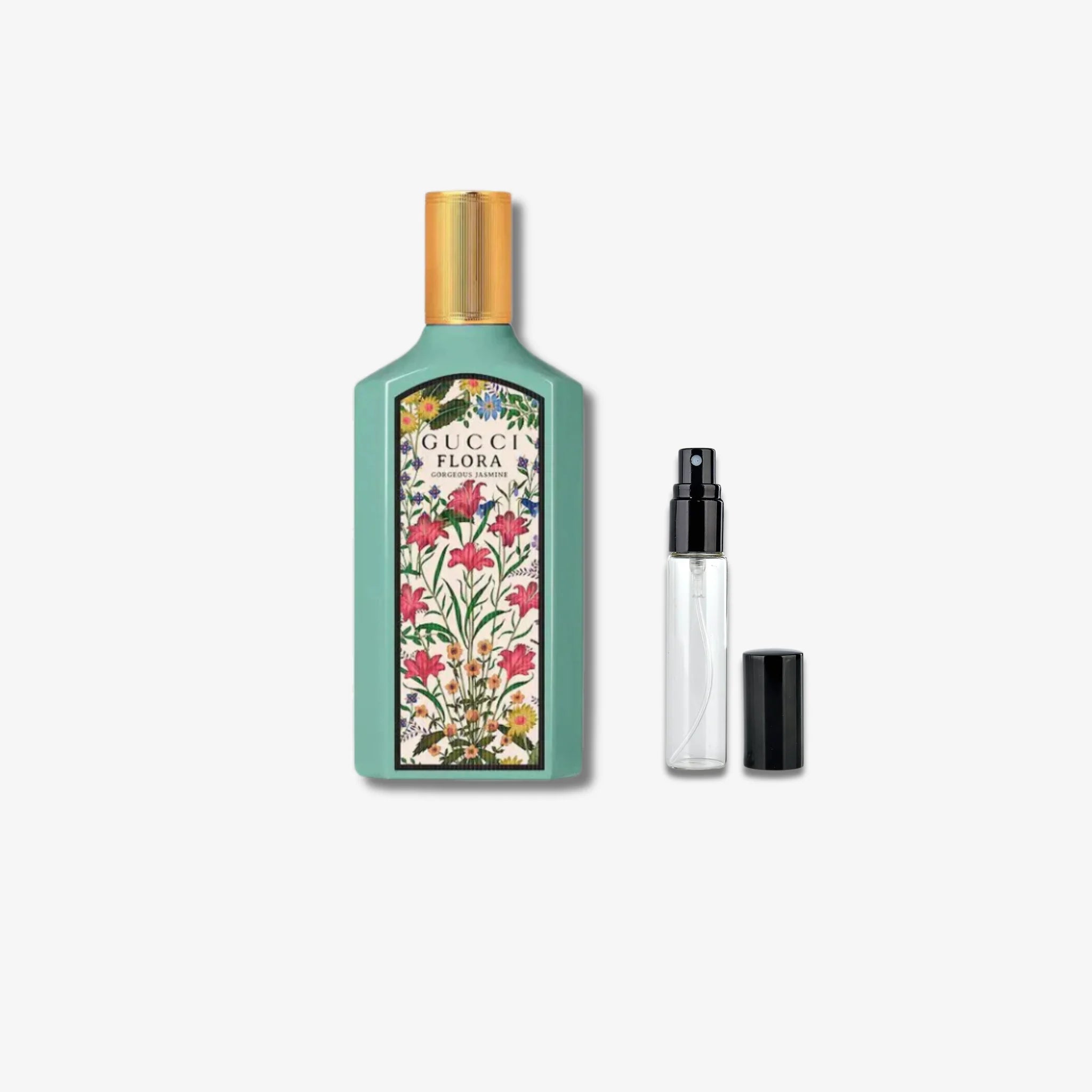 Gucci Flora perfume bottle with floral design on a white background