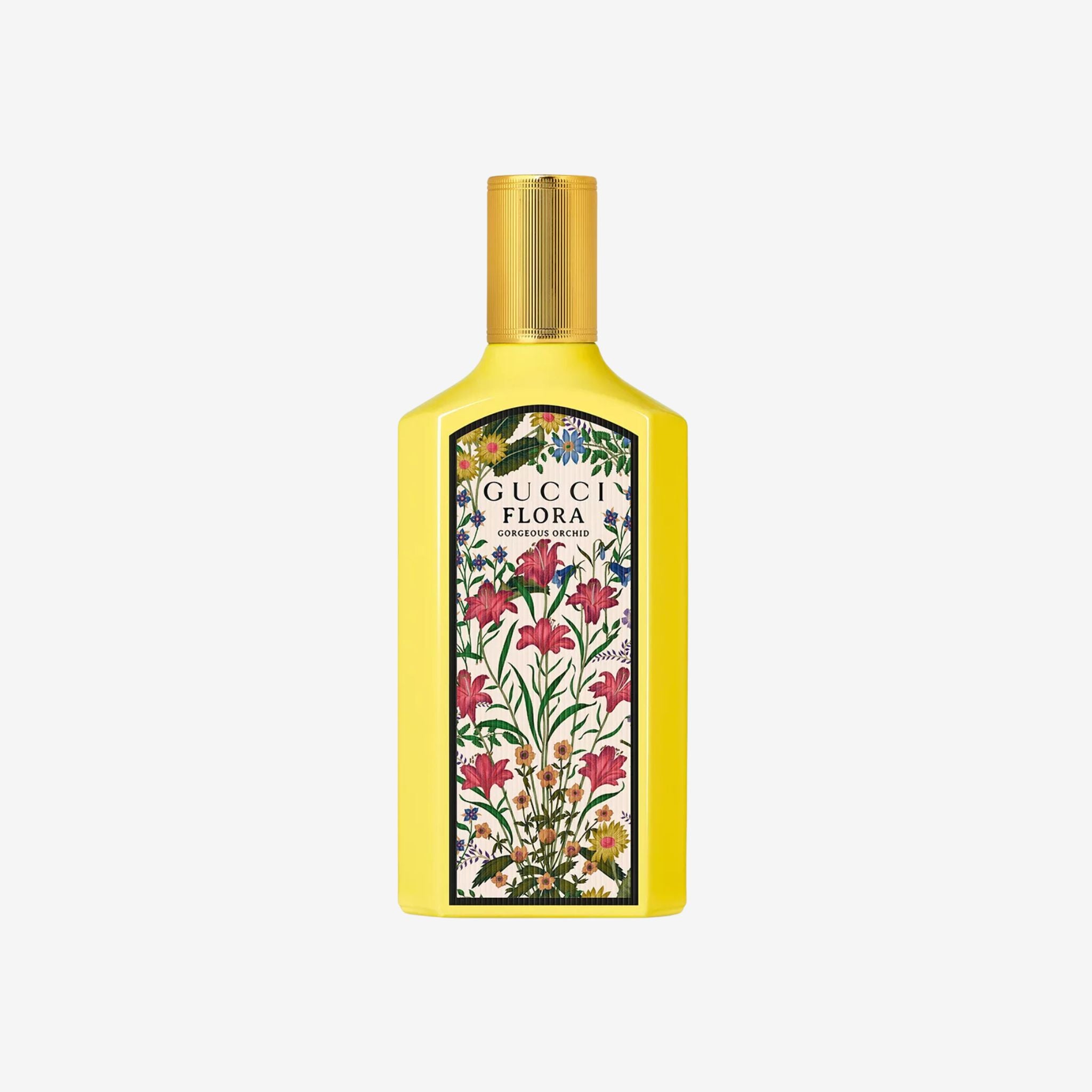 Gucci Flora perfume bottle with floral design on a white background