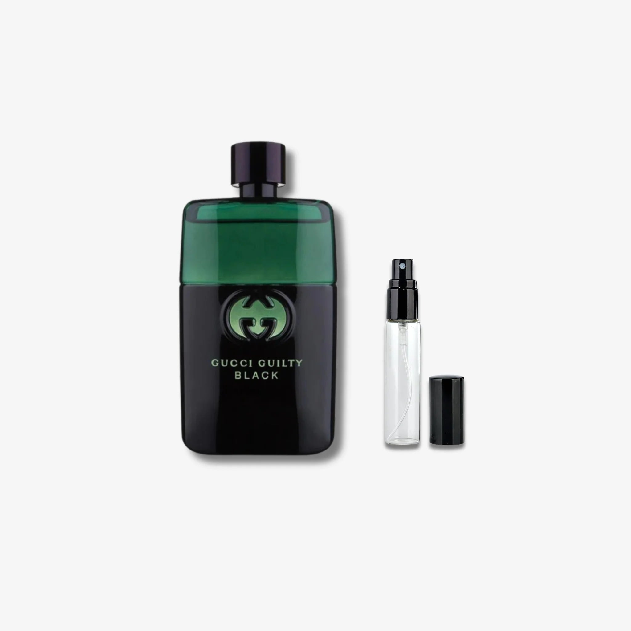 Gucci Guilty Black perfume bottle and smaller version on a white background