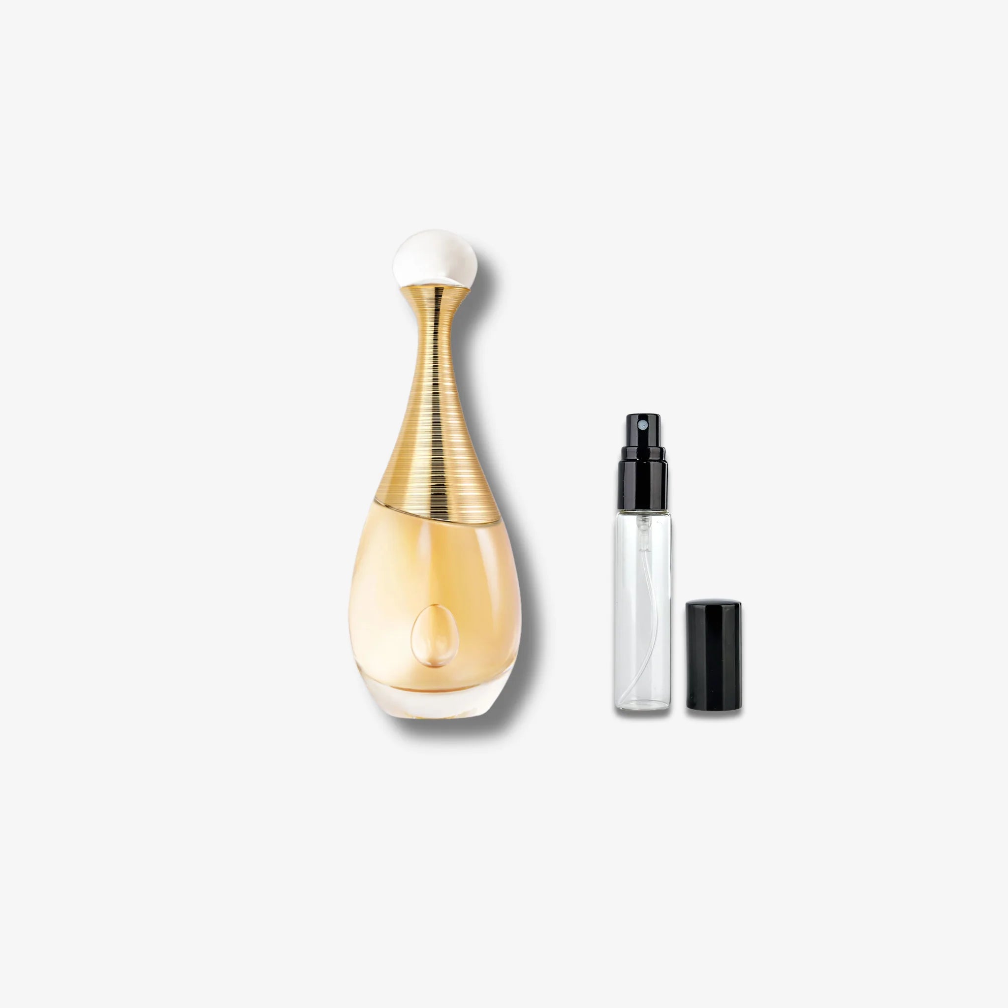 Dior Jadore EDP Perfume bottle and travel-sized version on a white background