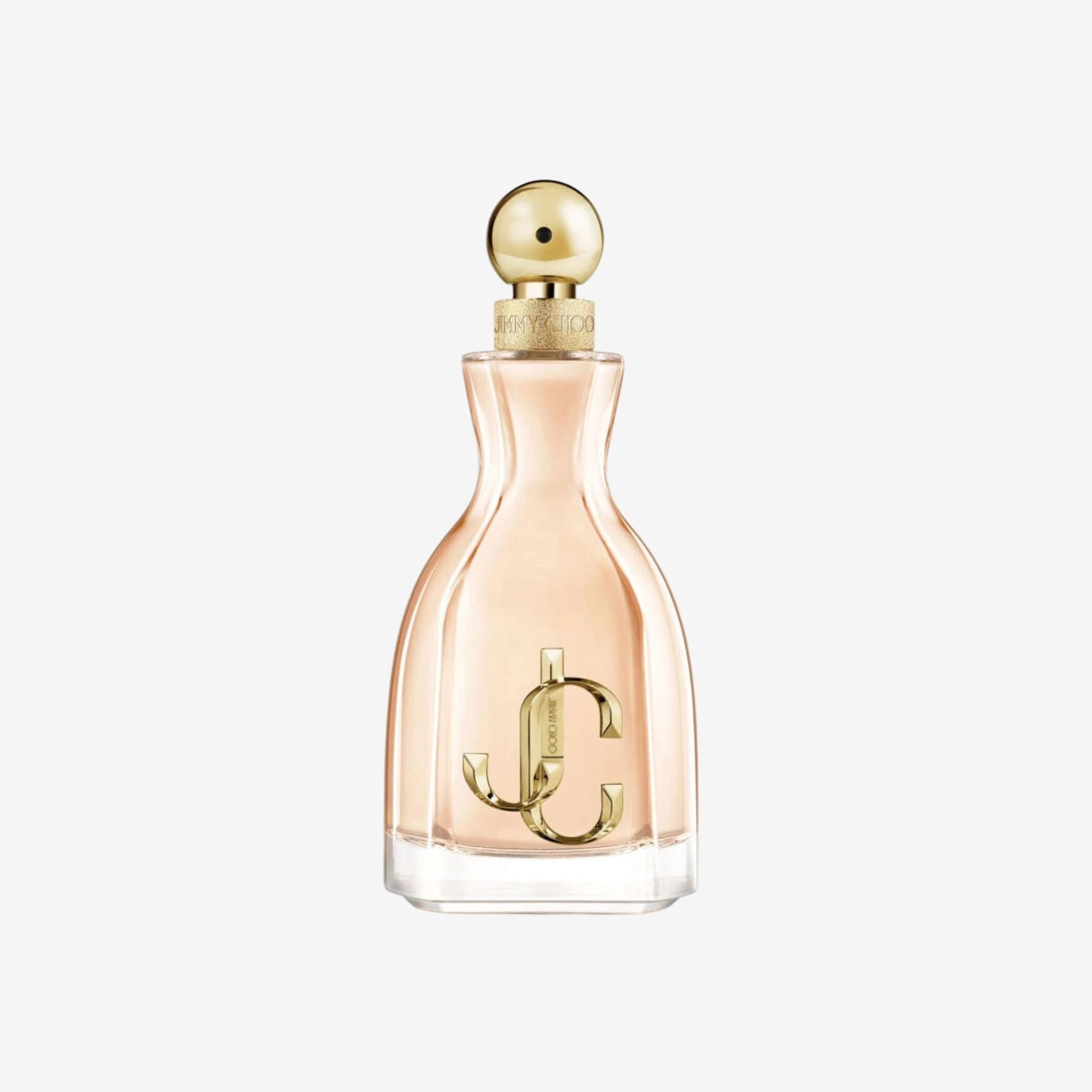 jimmy choo i want choo Perfume bottle with gold cap and logo on a white background