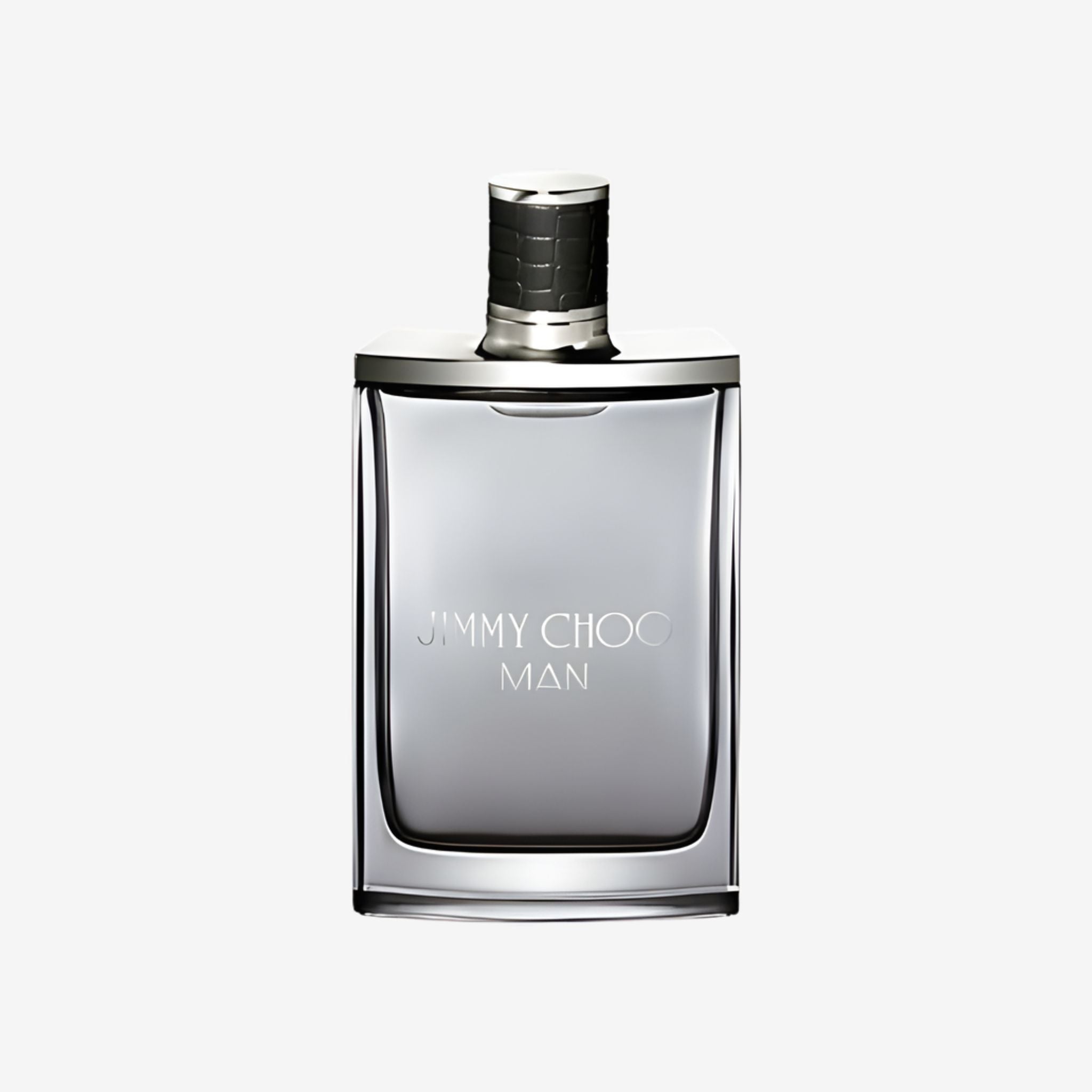 Jimmy Choo Men EDT 100ml perfume bottle on a light grey background showcasing its sleek masculine design.