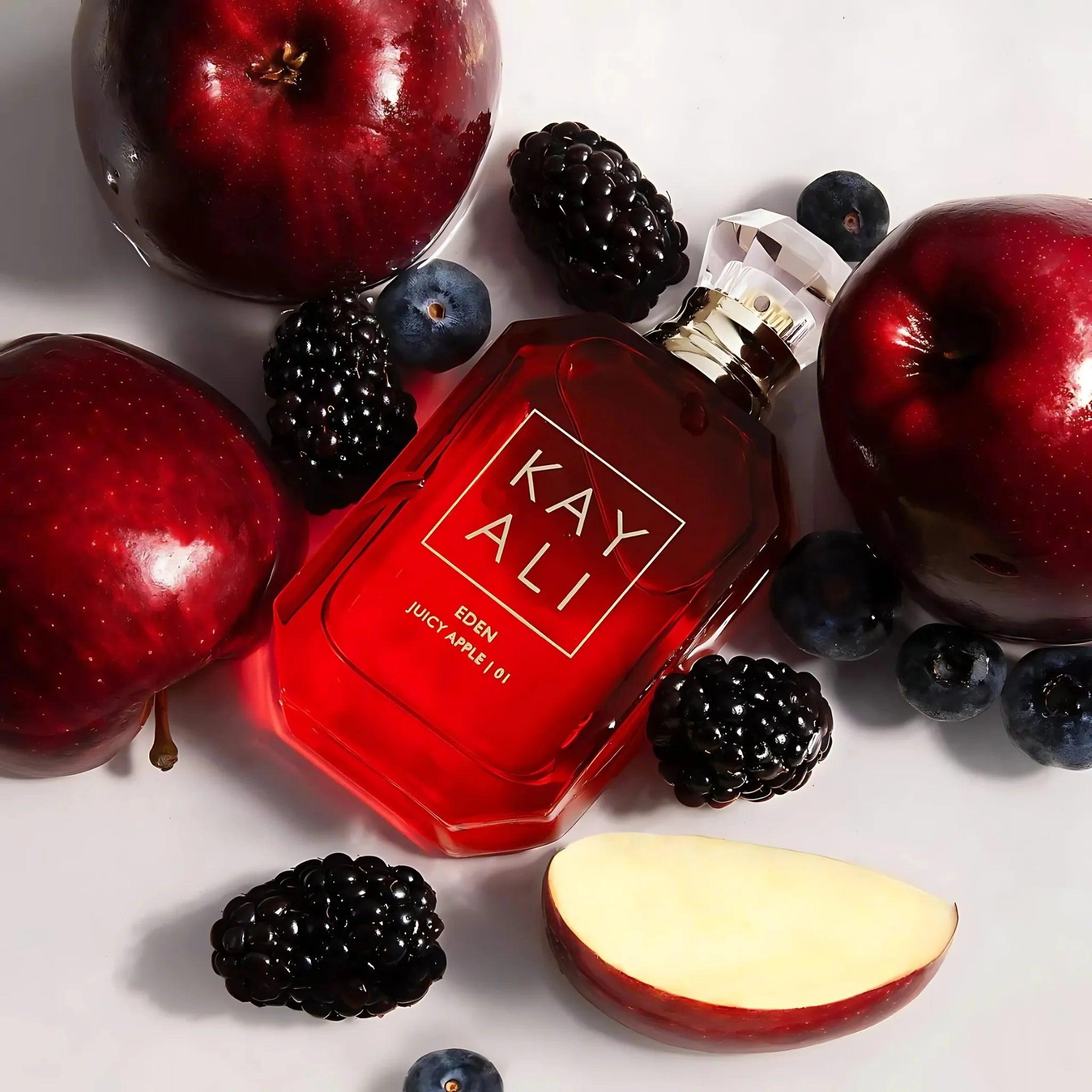 Detailed close-up of original Kayali Eden Juicy Apple 01 perfume bottle – authentic imported scent in Pakistan