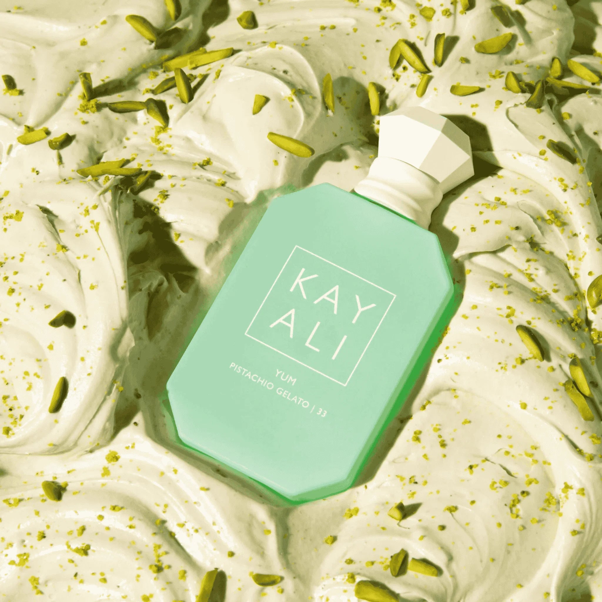 Detailed bottle shot of original Kayali Yum Pistachio Gelato 33 – imported perfume in Pakistan