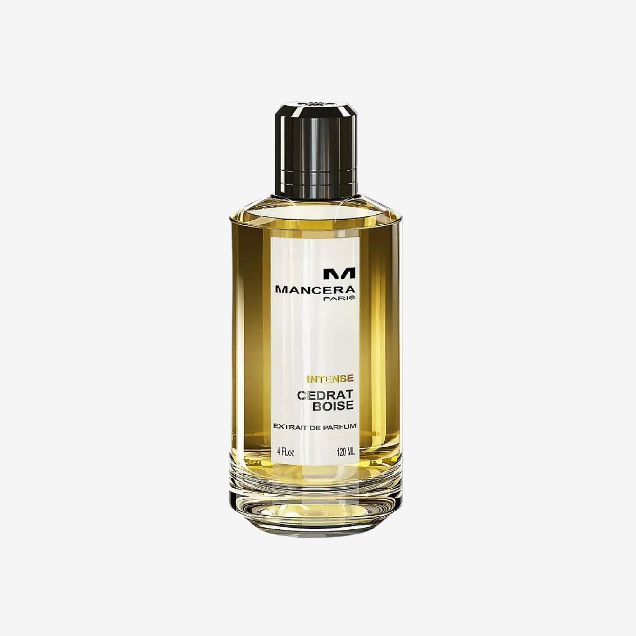 Close-up of Mancera Cedrat Boise bottle highlighting sleek transparent glass design with silver cap and luxury branding.