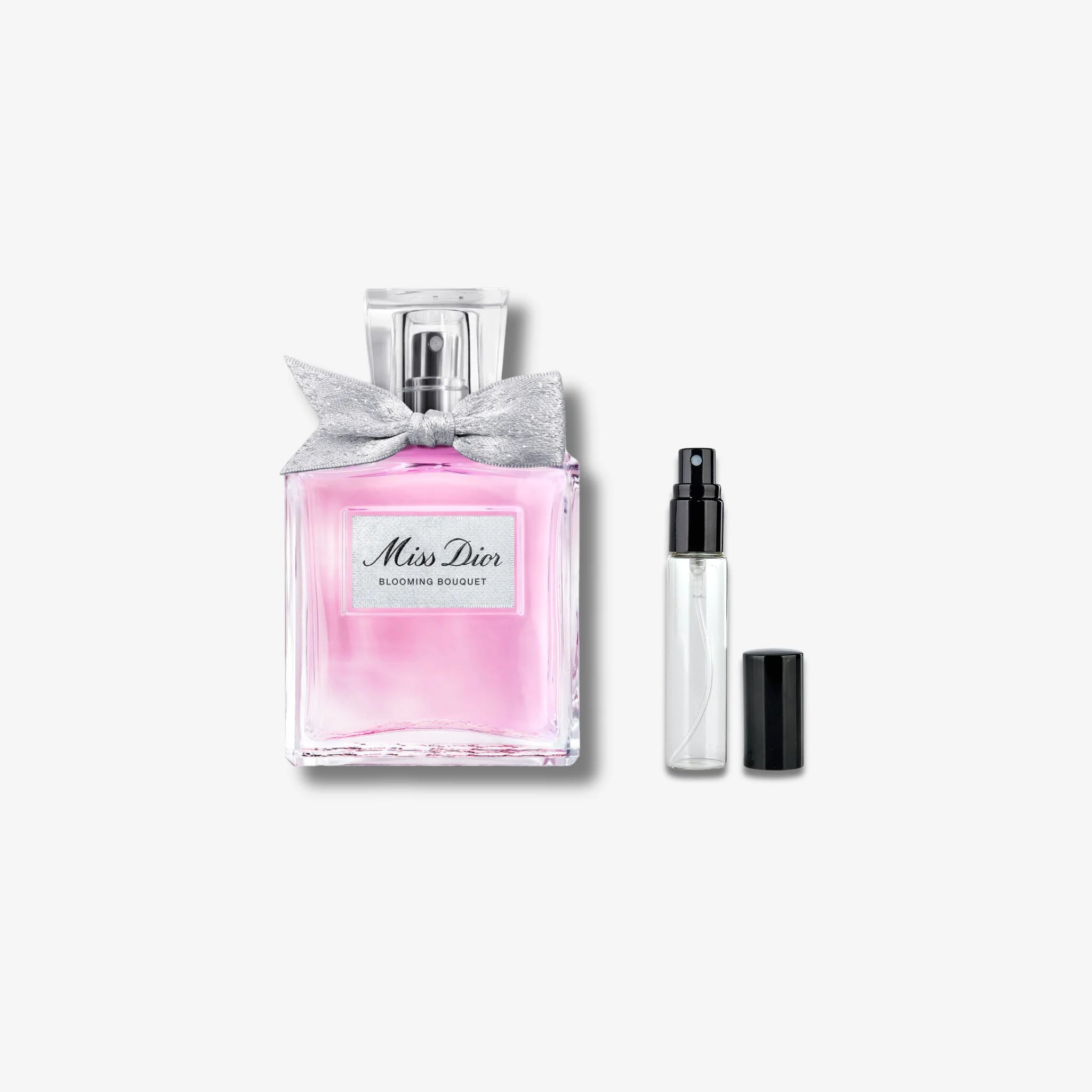 Miss Dior perfume bottle with a small travel-sized version on a white background