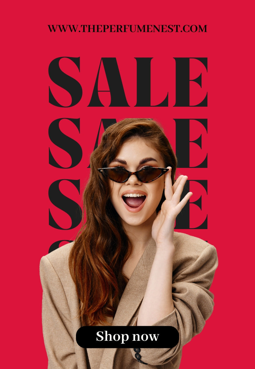 Promotional image with a woman and 'SALE' text on a red background, featuring www.theperfumenest.com.