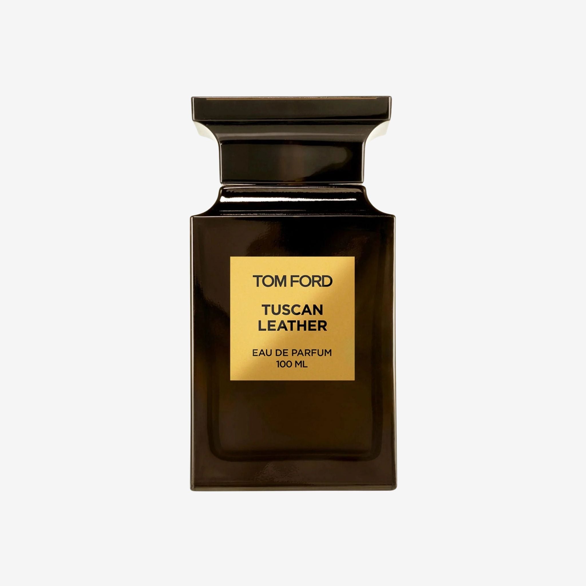 Tom Ford Tuscan Leather EDP perfume bottle on a light grey background featuring its iconic dark bottle and luxurious leather-inspired style.