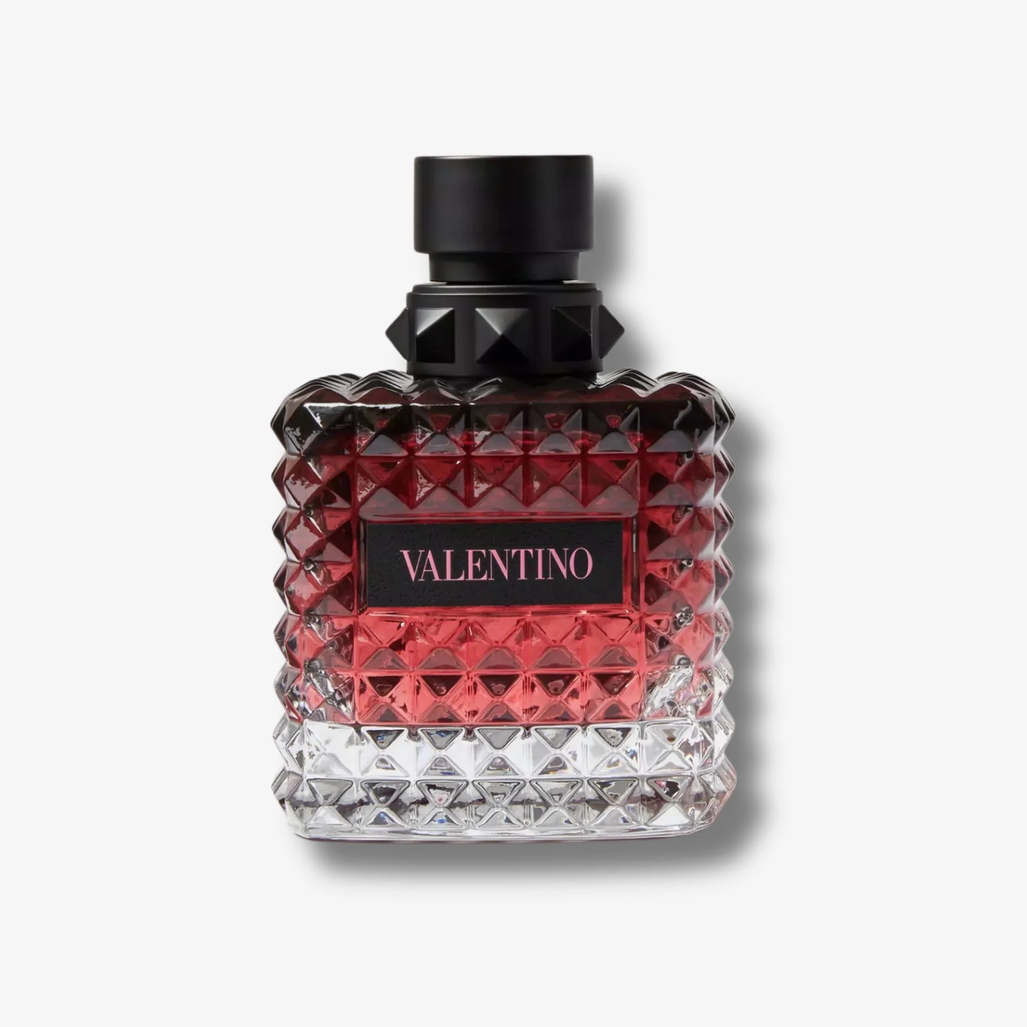 Valentino donna born in roma intense perfume bottle with red and black design on a white background