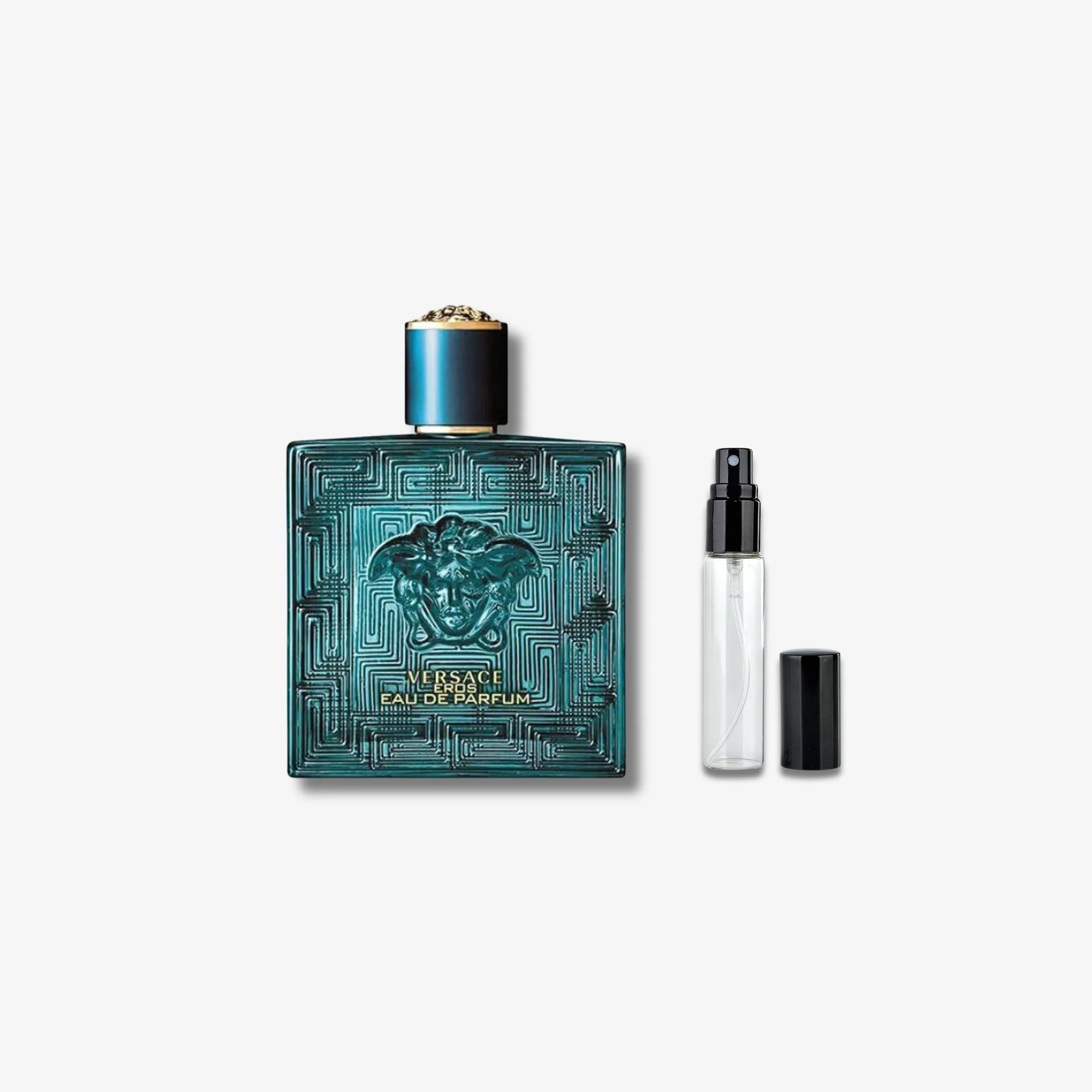 Versace perfume bottle with a smaller travel-sized version on a light gray background