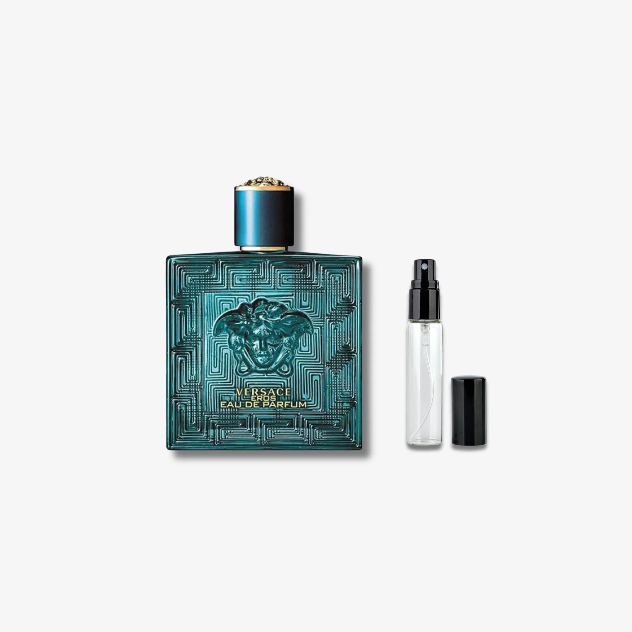 Versace perfume bottle with a smaller travel-sized version on a light gray background
