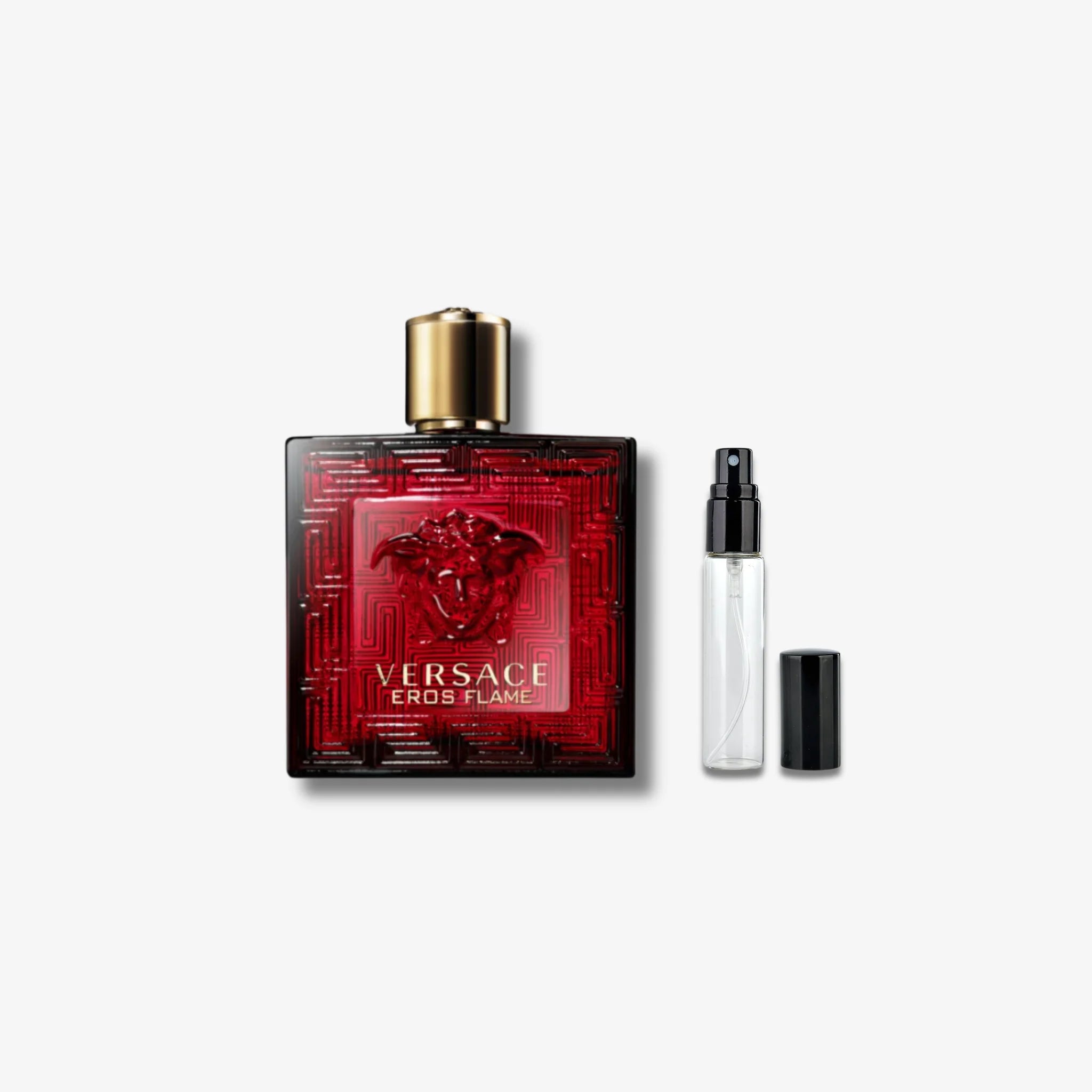Versace Eros flame perfume with 5ml travel size vial on a grey background