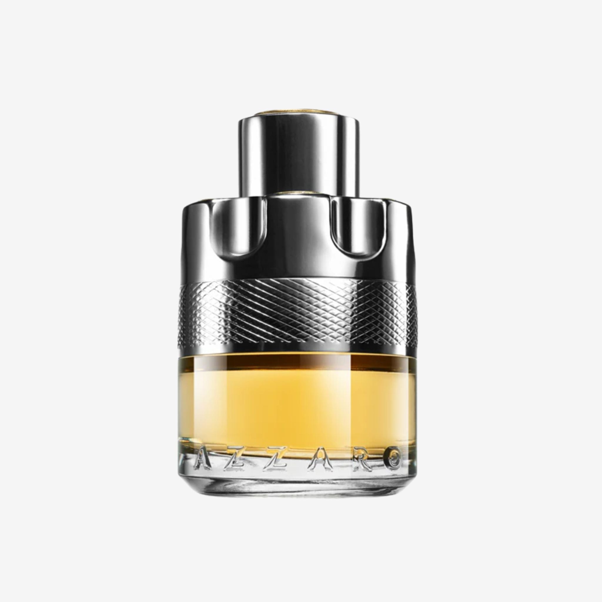 Wanted by Azzaro Eau de Toilette revolver bottle. Perfume bottle with silver cap and clear glass body on a white background