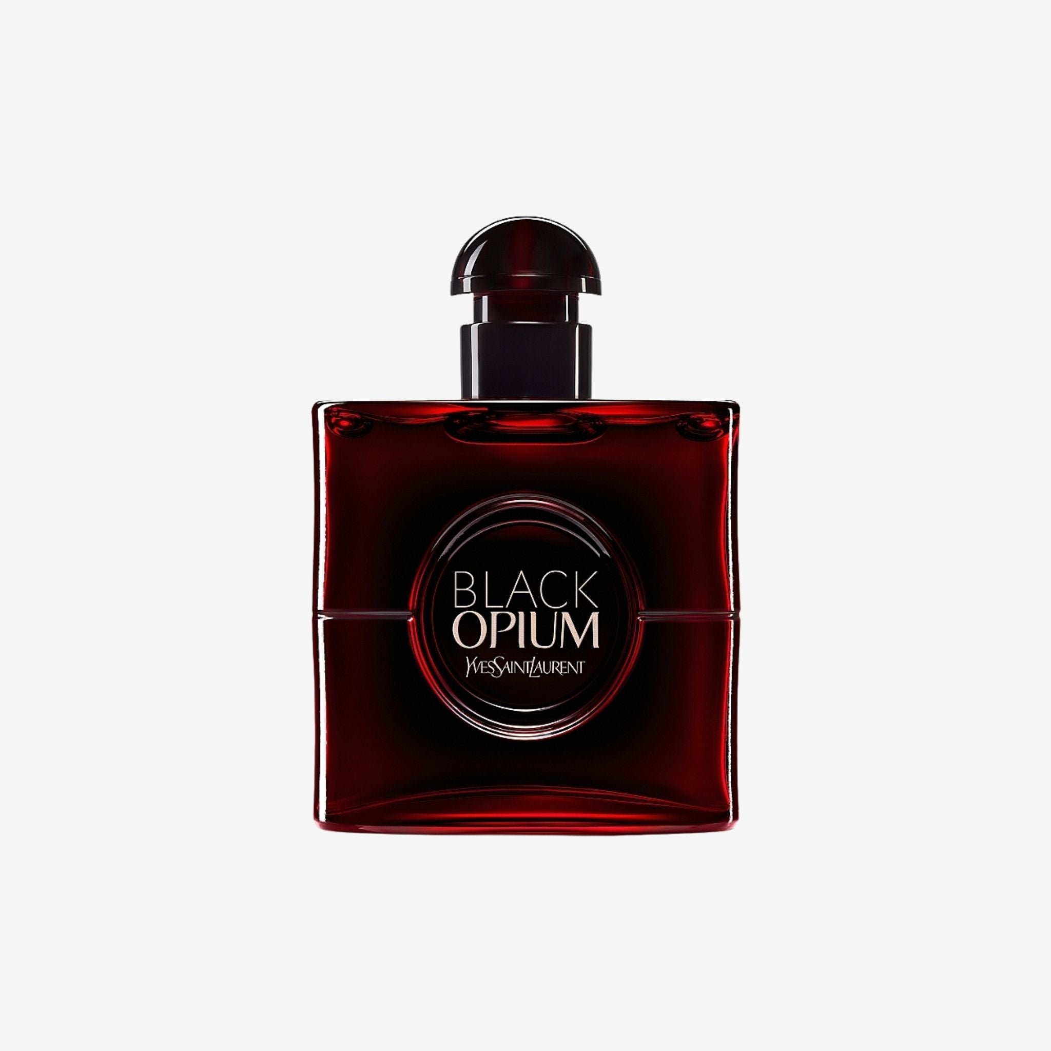 Close-up of YSL Black Opium Over Red EDP 100ml bottle showing sparkling red glitter design and YSL logo for a luxurious look.