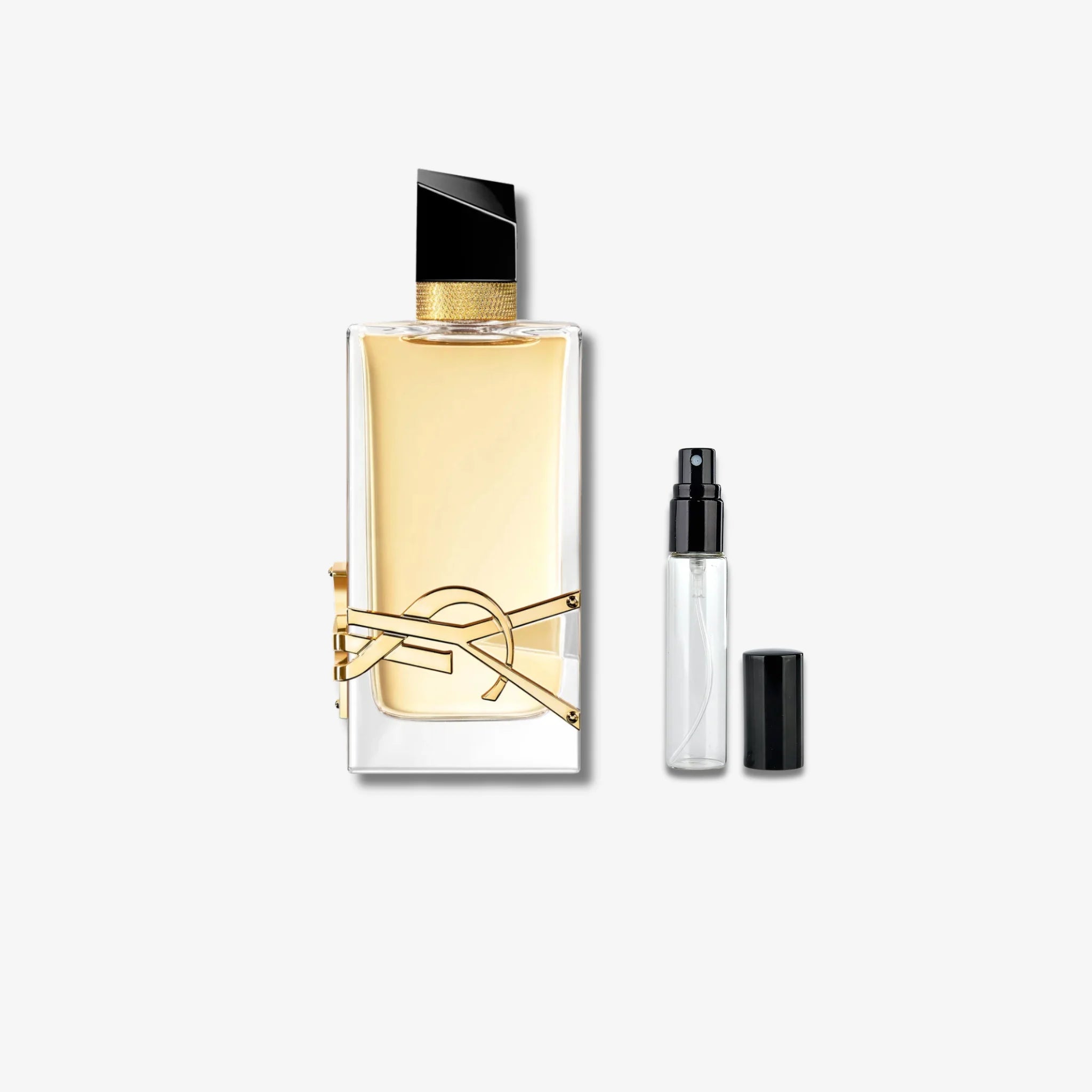 YSL Libre Perfume bottle with black cap and gold accents on a white background