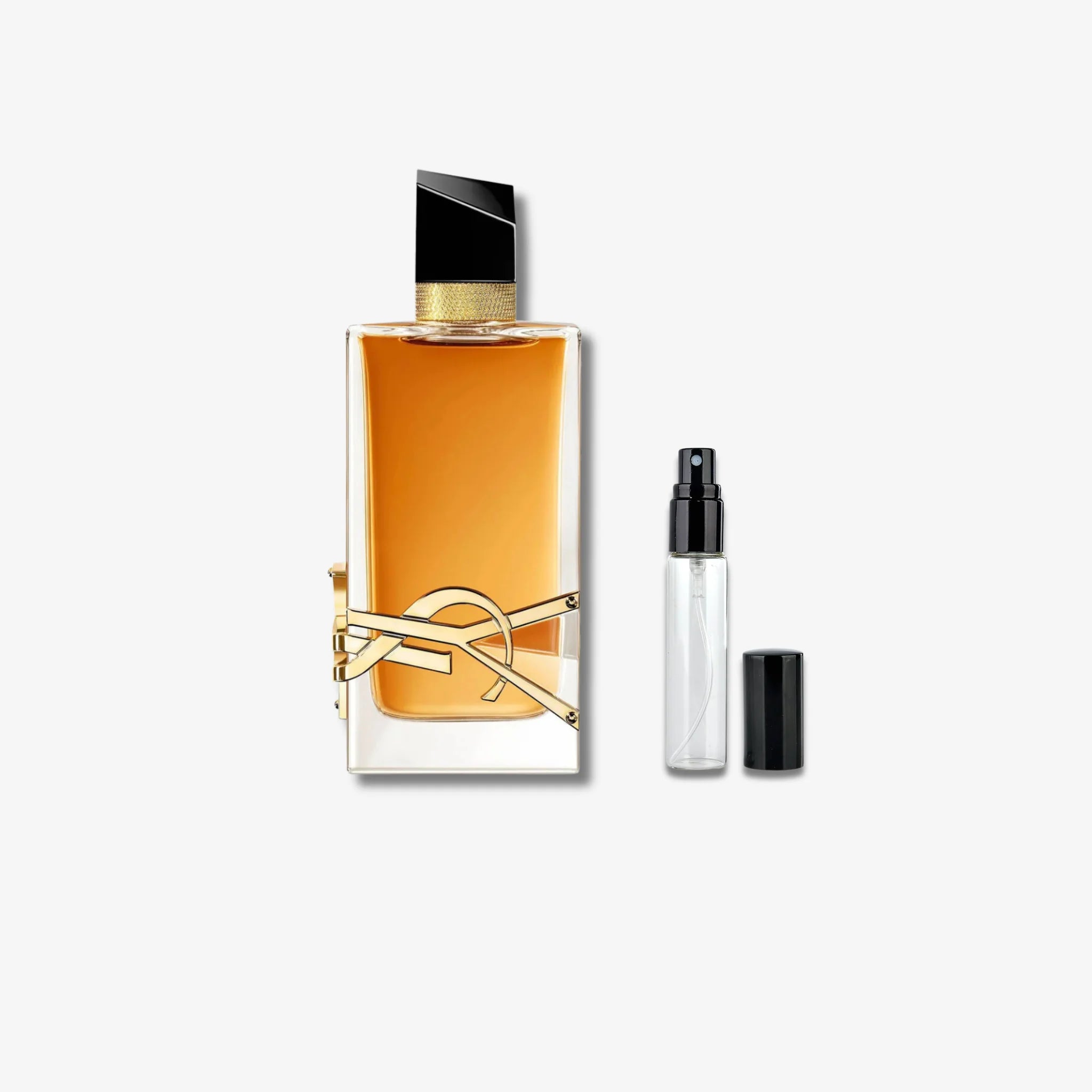 YSL Libre Intense Perfume bottle with gold cap and Yves Saint Laurent logo on a white background