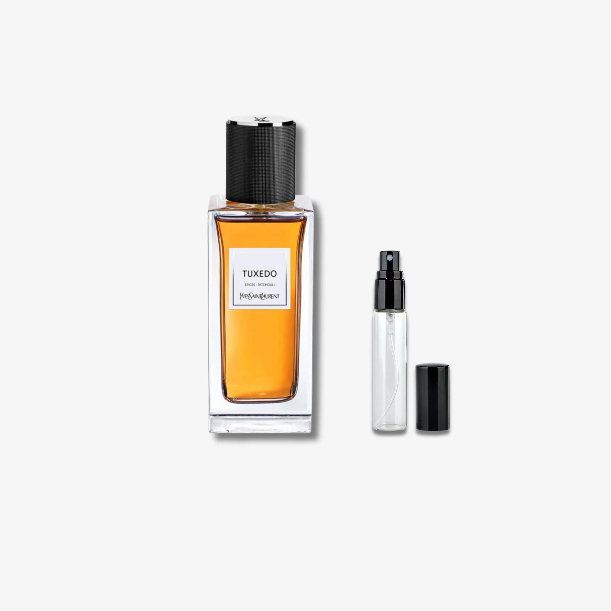 YSL Tuxedo Epises Patchouli EDP Decants Perfume bottle and spray nozzle on a white background